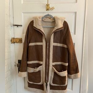 Avec Les Filles Women’s Reversible Faux Shearling Hooded Coat Brown Tan Size M